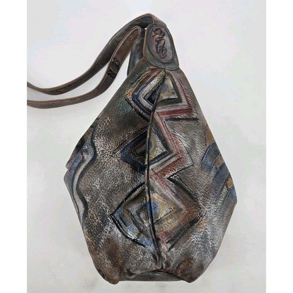 Jane Yoo Vintage Wearable Art Hand Painted Leather Crossbody Bucket Bag Purse - Picture 7 of 16